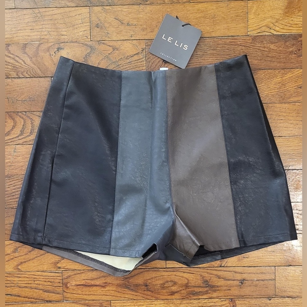 Le Lis Colorblock Faux-Leather HighRise Panel Shorts Black Grey Brown Size S NWT